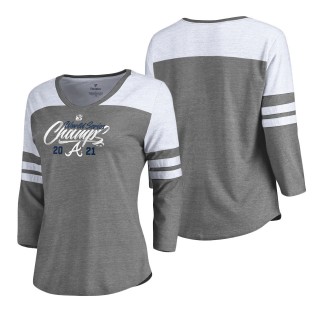 Women's Atlanta Braves Fanatics Branded Heathered Gray White 2021 World Series Champions Appeal Play Raglan 3-4 Sleeve V-Neck T-Shirt