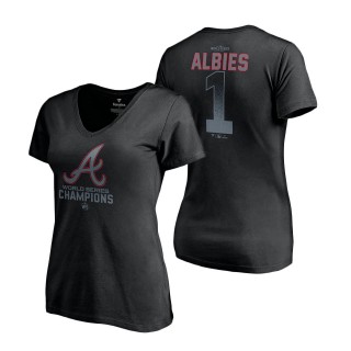 Women's Atlanta Braves Ozzie Albies Fanatics Branded Black 2021 World Series Champions Name & Number V-Neck T-Shirt