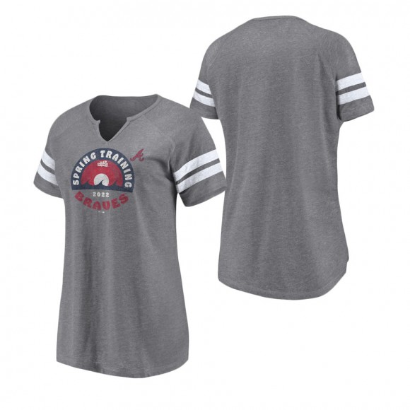 Women's Atlanta Braves Fanatics Branded Heathered Gray 2022 MLB Spring Training Grapefruit League Spring Retro Raglan Tri-Blend Notch Neck T-Shirt